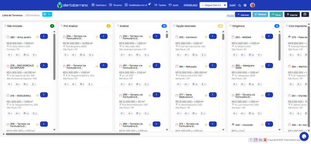 Kanban Visual de Pipeline: Veja Status de 60 Terrenos em Uma Tela